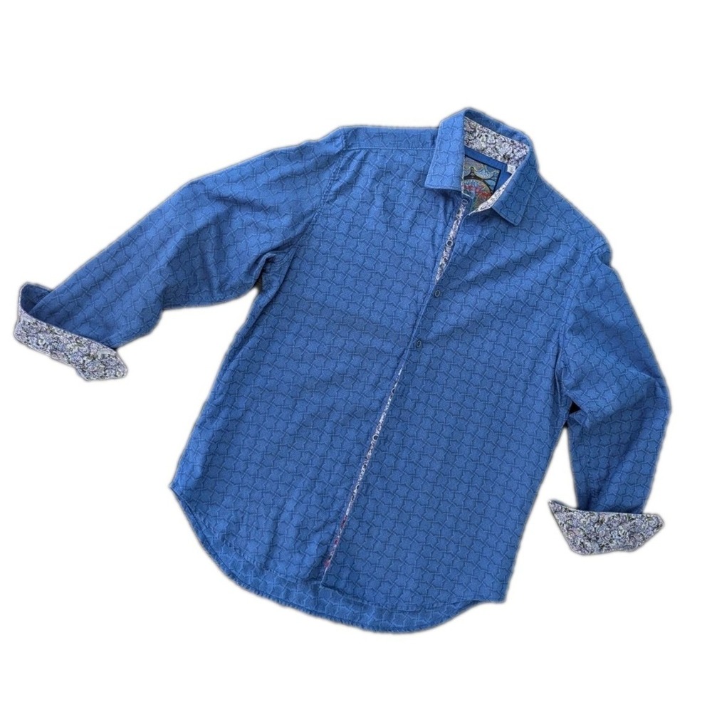 Robert Graham Mens M Blue Geometric Flip Cuff Button Front Shirt Contrast Trim